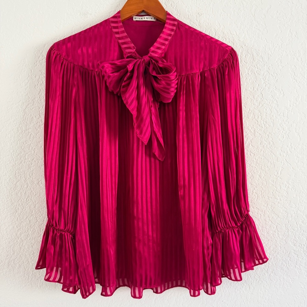 Alice + Olivia Fuchsia Pleated Bow-Tie Blouse